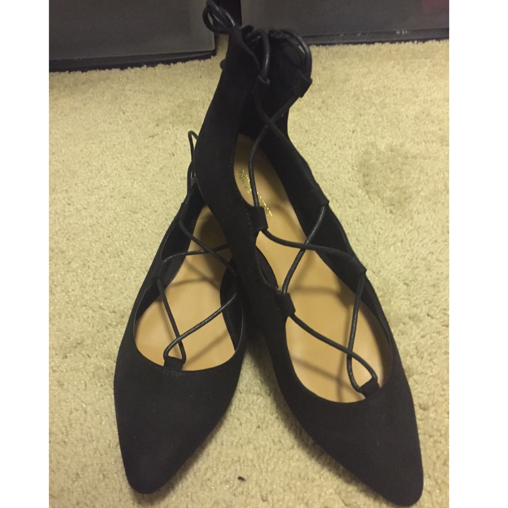 Nine West Black Suede Lace Up Ballet Flats